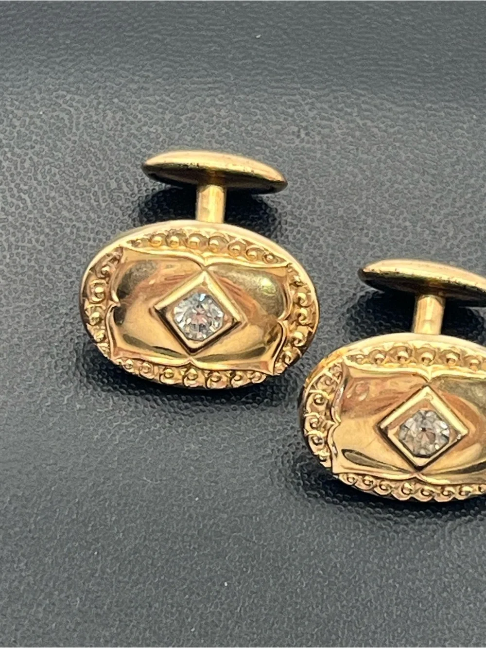 Victorian gold tone embossed design clear rhinestone vintage cufflinks